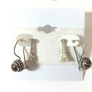 Black Pearl & Sterling Silver Earrings plus Bonus Crystal Set Eiffel Tower Studs